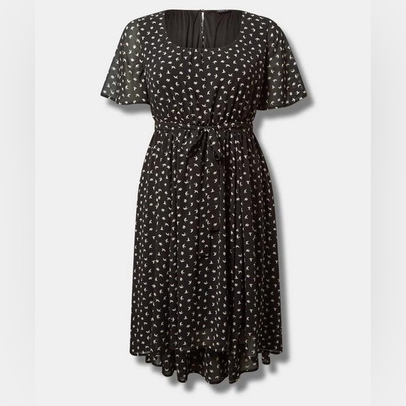 New Torrid Women’s Foy bird deep black Midi Chiffon Flutter Hi-Low Dress size 3X - Picture 3 of 6